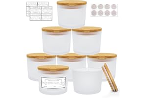 CONNOO 8 Pack 12 OZ Frosted Glass Wide Mouth Candle Jars for Making Candles with Airtight Bamboo Lids Nice Sticky Warning Labels for Candle Making Empty Container Bulk - Dishwasher Safe