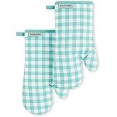 KitchenAid Gingham Oven Mitt 2-Pack Set, Aqua Sky, 7"x13"