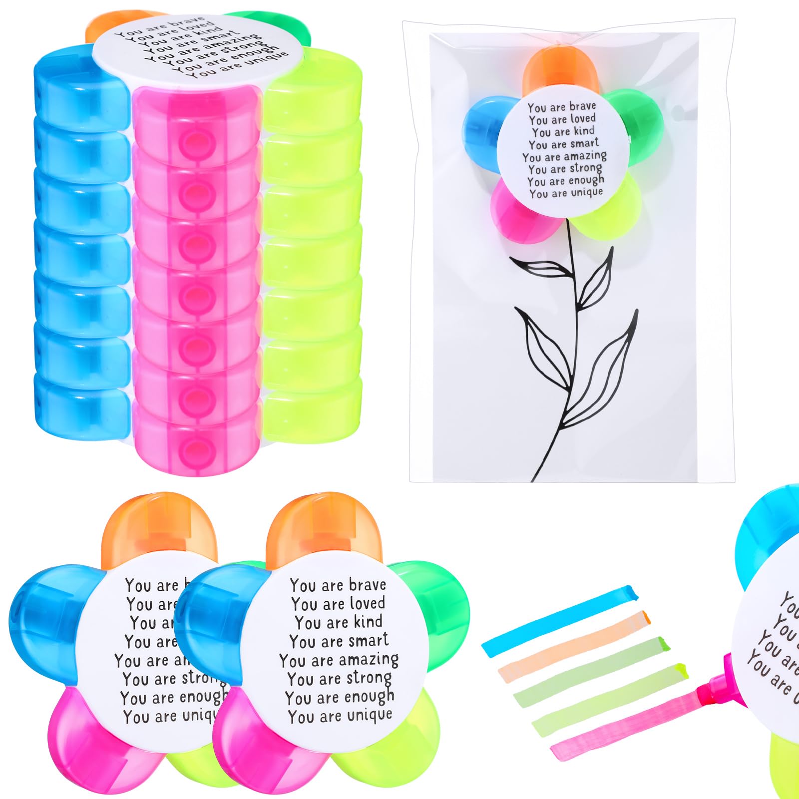 Photo 1 of AmazingSpark 12 Sets Back to School Gifts for Students Petals Flower Highlighters 5 in 1 Fluorescent Pens with Motivational Cards and Gift Bags for Kids School Party Favor (Brave)
