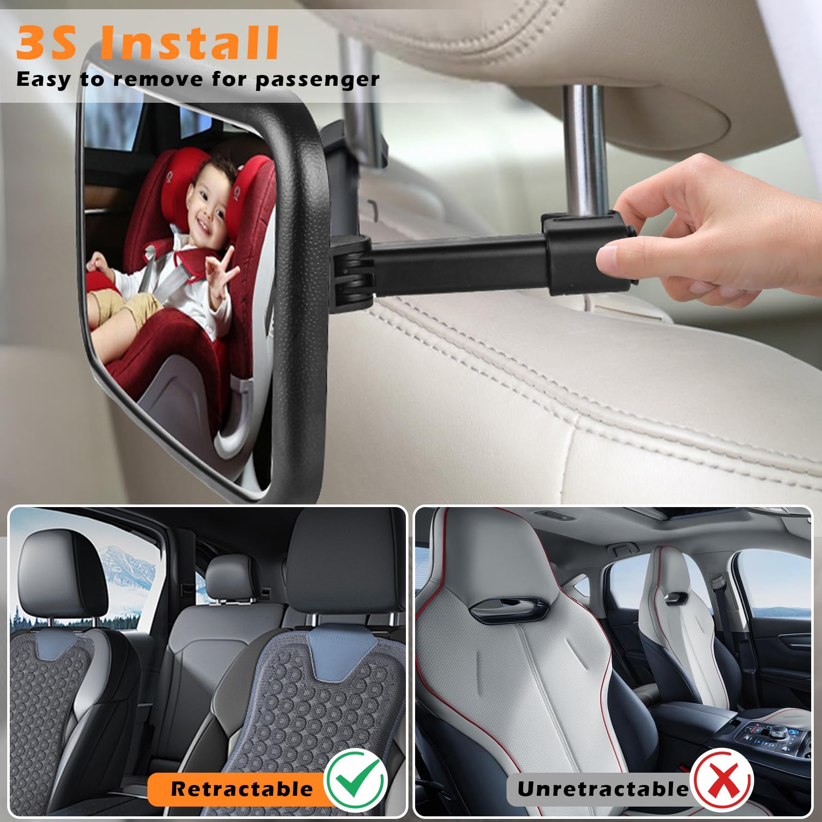 Baby Car Mirror with Light - Rechargeable Baby Mirror for Car with Remote Control, Clear Vision, 360° Rotation Rear Facing Car Seat Mirror, Shock and Shatter Resistant