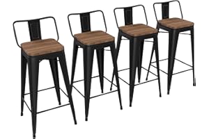 Yongchuang 30 inch Bar Stools Set of 4 Bar Height Metal Barstools with Wood Seat Low Back Kitchen Bar Chairs Matte Black