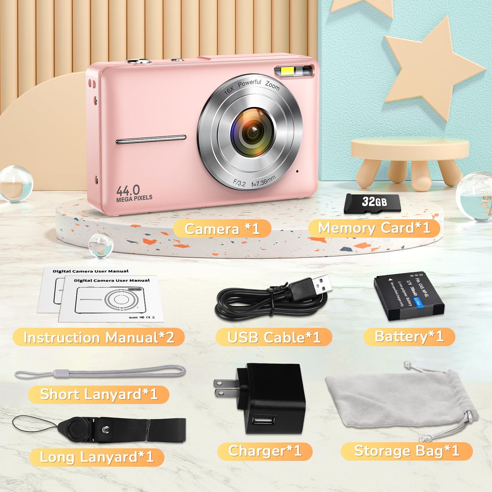 Digital Camera, Jukanur Upgraded FHD 1080P Digital Camera for Kids with 16X Zoom, Flashlight, 32GB Card, 44MP Point and Shoot Camera Compact Small Selfie Camera for Girls, Boys, Teens, Students,Pink
