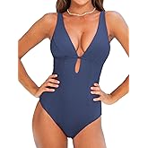 CUPSHE Women's One Piece Swimsuit Deep V Neck Keyhole Cutout O Ring Textured Bathing Suit
