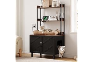 ONBRILL 55 Inches Cat Litter Box Enclosure, Hidden Litter Box Furniture with 2 Storage Shelves and Charging Sockets, Wooden Cat House, Large Indoor Cabinet for Living Room & Entryway, Black