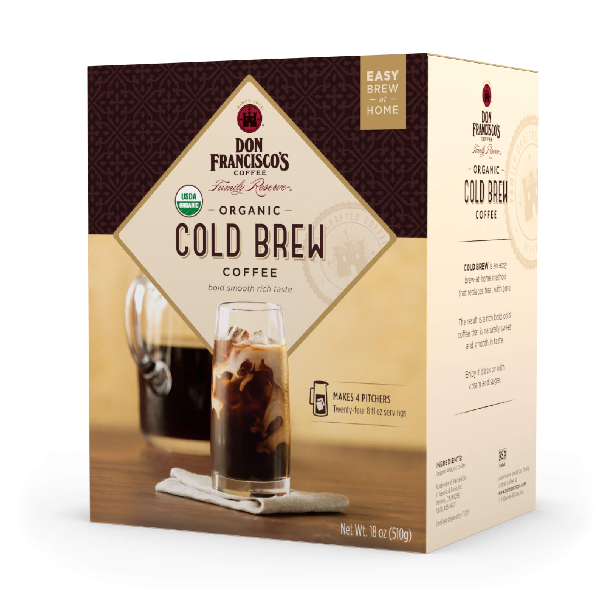 Photo 1 of Exp date 09/2025.   Don Francisco's Organic Cold Brew Coffee Pitcher Packs, 8 Count – Easy At-Home Prep – Smooth, Rich, Chocolate Notes – Medium-Dark Roast, 100% Arabica – Makes 4 Pitchers (24 Servings)