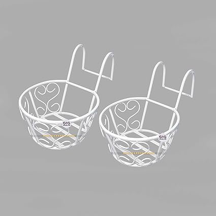GIG Handicrafts Modern Style Iron Balcony Railing Planter Round (22 cm x 22 cm x 20 cm, White) (Pack of 2)