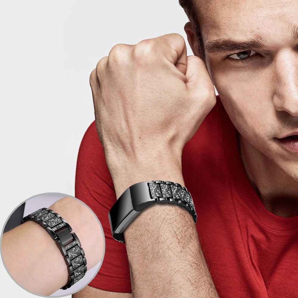 Fitbit Charge 2 Band, iBazal Stainless Steel Watch Band with Crystal Rhinestone Chain Bracelet Replacement Strap for Fitbit Charge 2 - Stylish Black