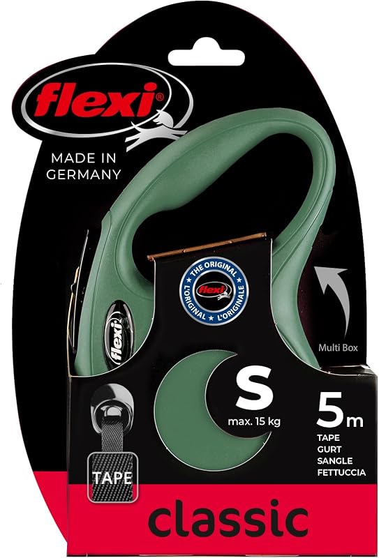 ® CLASSIC S Correa retráctil para perros, cinta de 5m, verde oliva