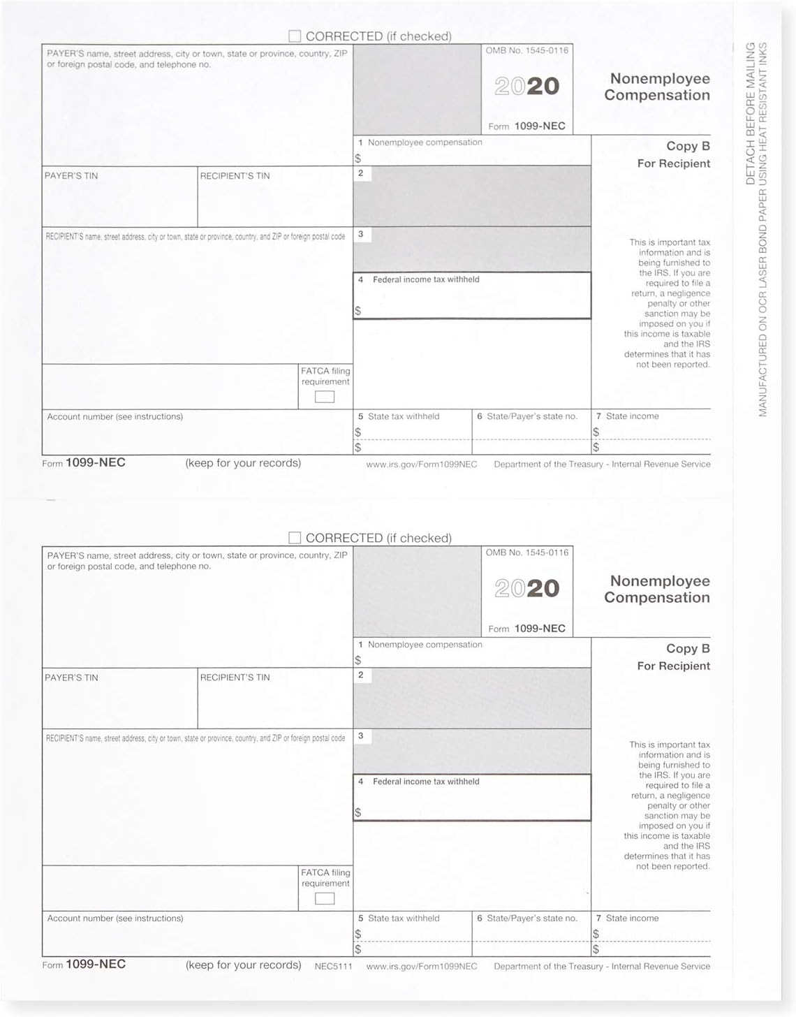 Blue Summit Supplies 1099 NEC Tax Forms 2020, 50 4 Part Tax Forms Kit, Compatible with QuickBooks and Accounting Software, 50 Self Seal Envelopes Included : Office Products