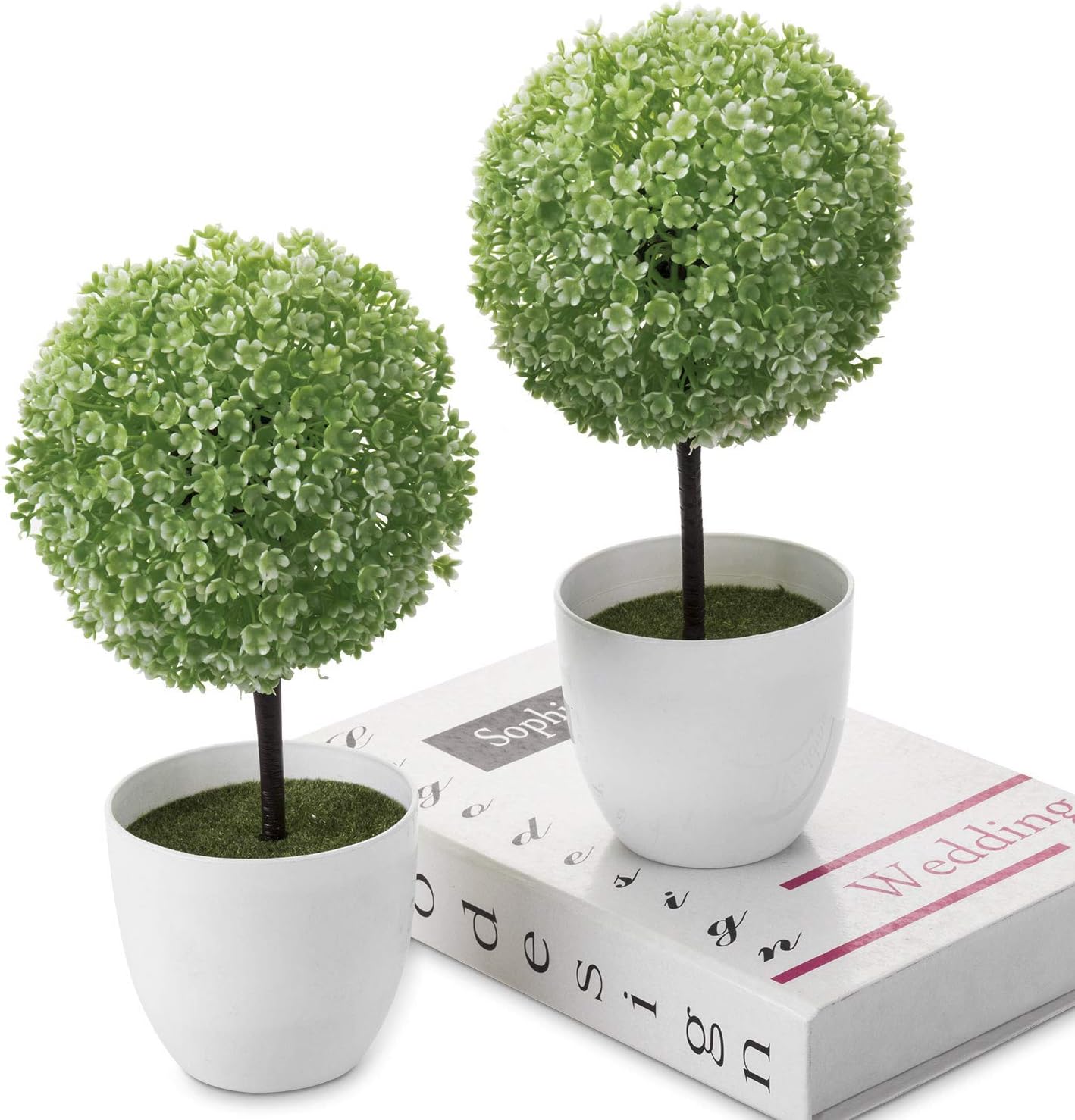 MyGift 10 inch Artificial Faux Tabletop Topiary Trees w/White Planter Pots, Set of 2 -