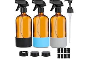 IMPORX 3 Pack Amber Glass Spray Bottles for Cleaning Solutions Hair Plant Essential Oi（16.9 Fl. Oz）Brown Home Essentials Empty Glass Mister Bottle with Silicone Case Spray & Lotion Pump Heads Label Cap
