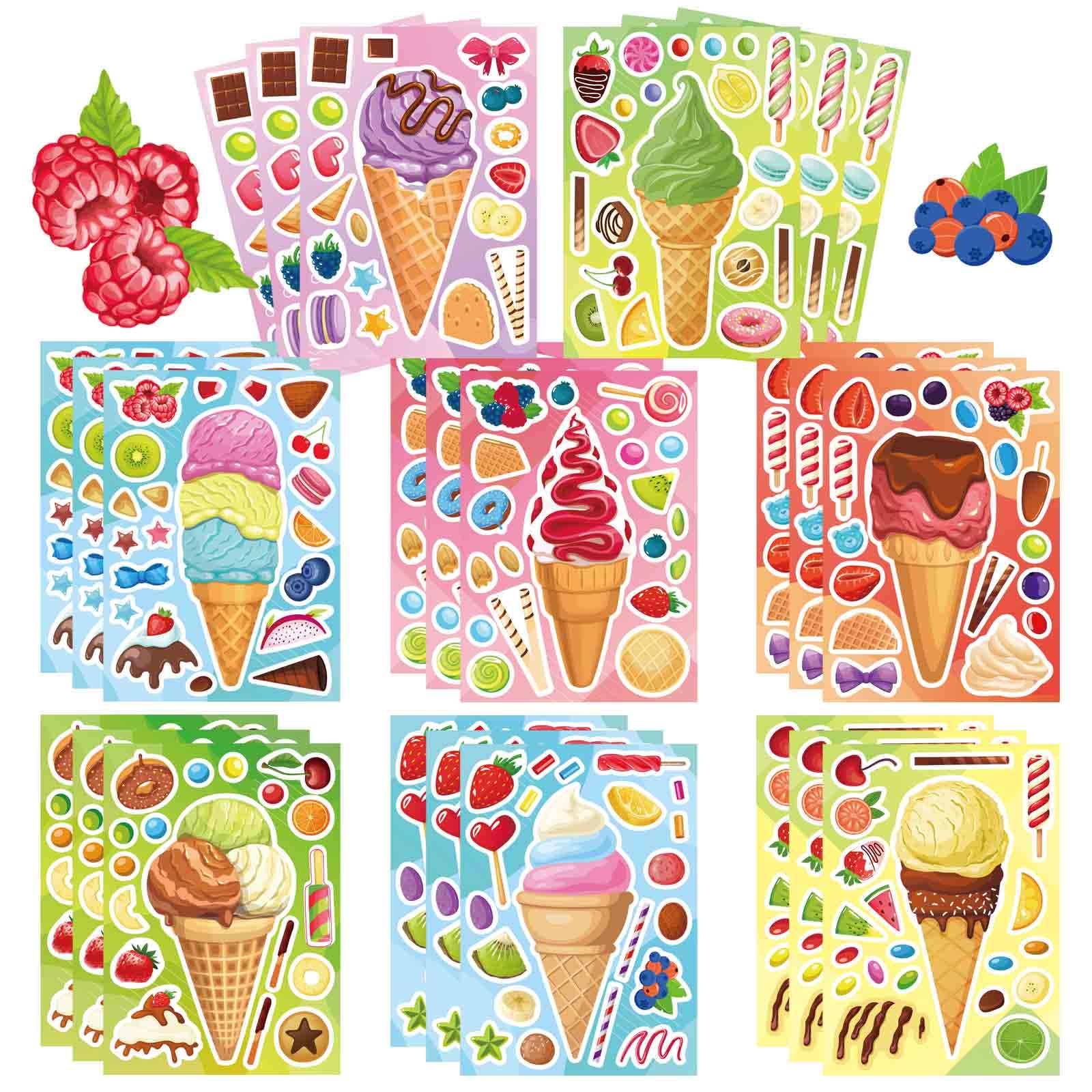24 Sheets Make Your Own Ice Cream Dessert Stickers for Kids, Toddlers - Summer Theme Ice Cream Stickers for Party Favors, Decorations