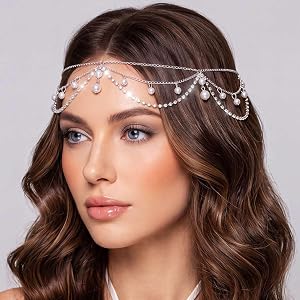 CAKURE Pearl Headpiece Jewelry Silver Wedding Forehead Chain for Women | Pearl Rhinestone Head Chain Jewelry Bridal Headpiece