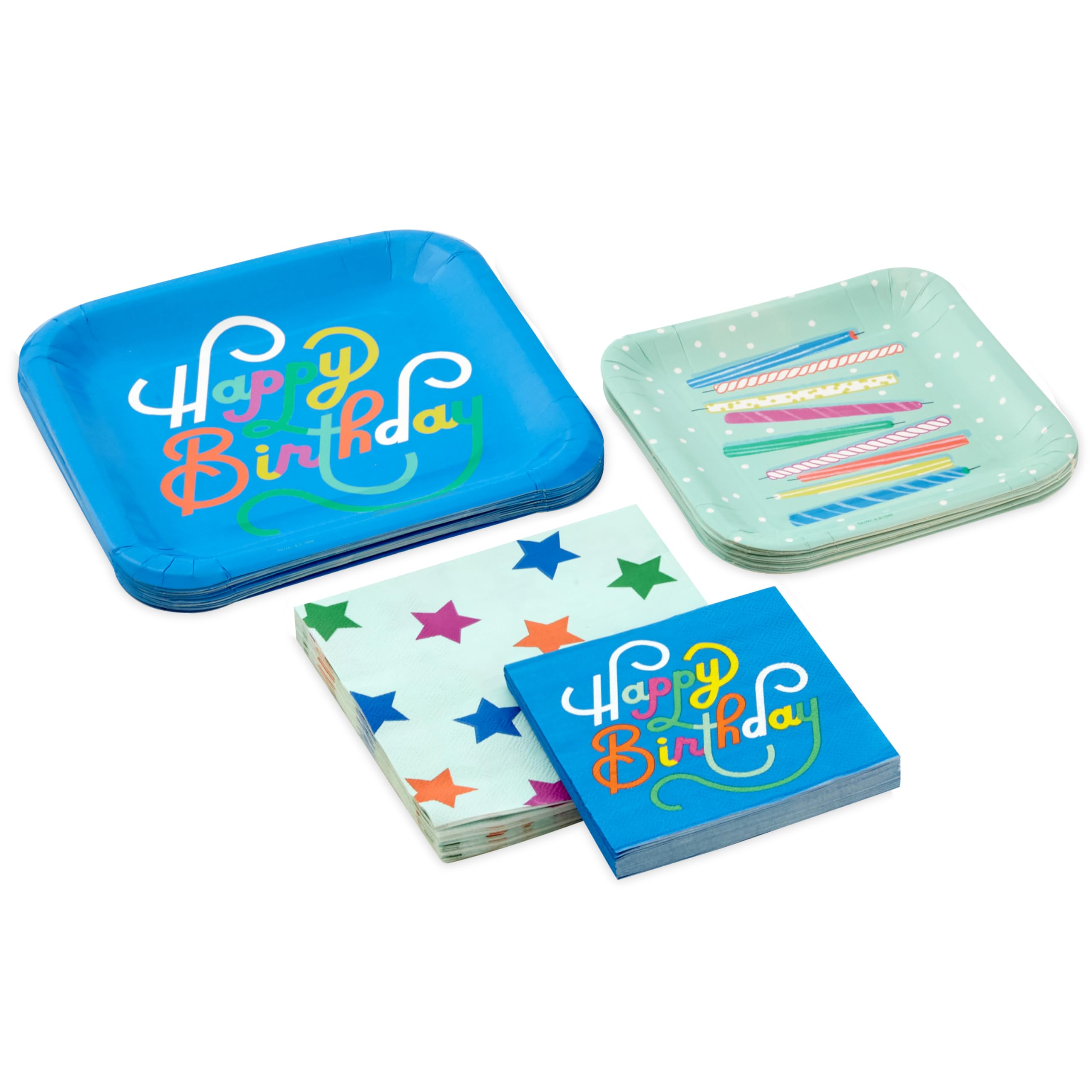 Hallmark Blue and Mint Green Birthday Party Supplies (16 Square Dinner Plates, 16 Square Dessert Plates, 16 Beverage Napkins, 16 Dinner Napkins) Stars and Candles