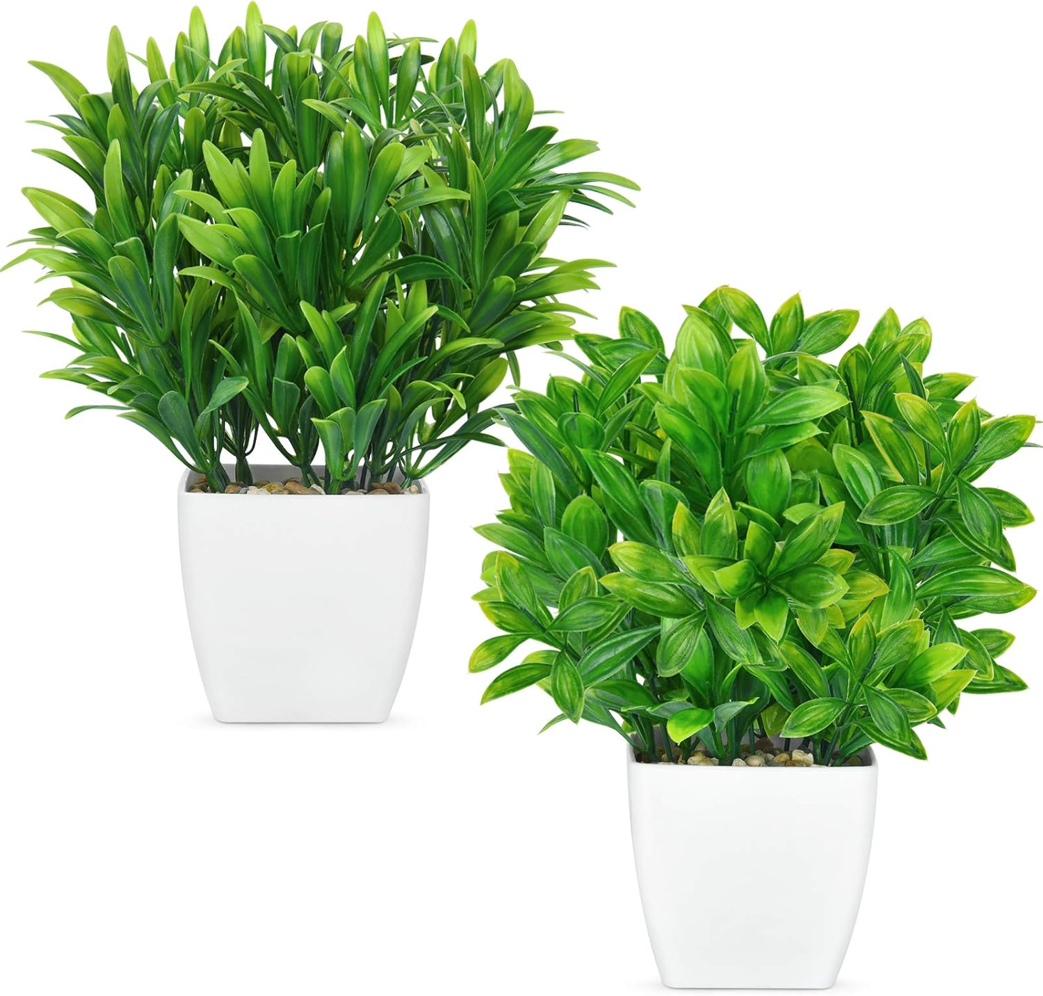 Shiny Flower 2 Pack Artificial Eucalyptus Plants in Pots Mini Green Faux Potted Plants with Plastic White Vase Fake Aloe Grass for Home Indoor, Office, Desk, Table Bathroom Bedroom Decor
