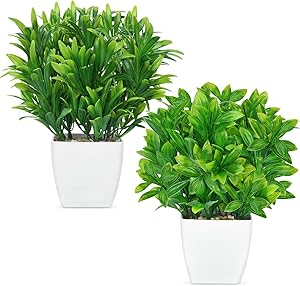 Shiny Flower 2 Pack Artificial Eucalyptus Plants in Pots Mini Green Faux Potted Plants with Plastic White Vase Fake Aloe Grass for Home Indoor, Office, Desk, Table Bathroom Bedroom Decor