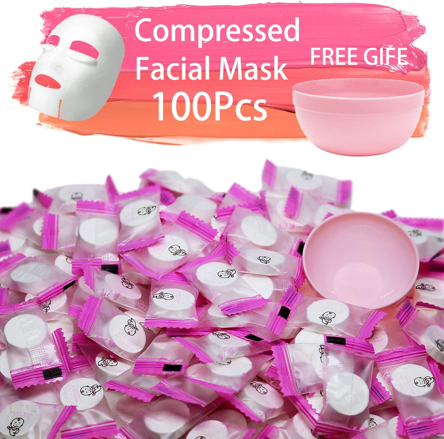 100 pcs Compressed Facial Mask Sheet Beauty DIY Disposable Mask Paper Natural Cotton Skin Care Wrapped Masks Normal Thick，Get a Small Mask Bowl Free