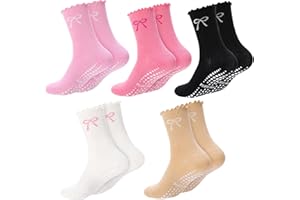 5 Pairs Pilates Socks for Women Non-Slip Yoga Socks with Grips, Anti-Skid Grippy Cotton Socks with Bow Knot Ruffle Design for