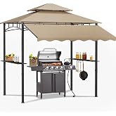 Dephet 8'X8' Grill Gazebo Canopy w/Heavy Duty Steel Frame for Outdoor Grill | Double Tiered Grill Canopy with Shelves, Ceiling Hooks, Ground Stakes, Patio Canopys Tent BBQ Gazebo for Backyard, Kahaki