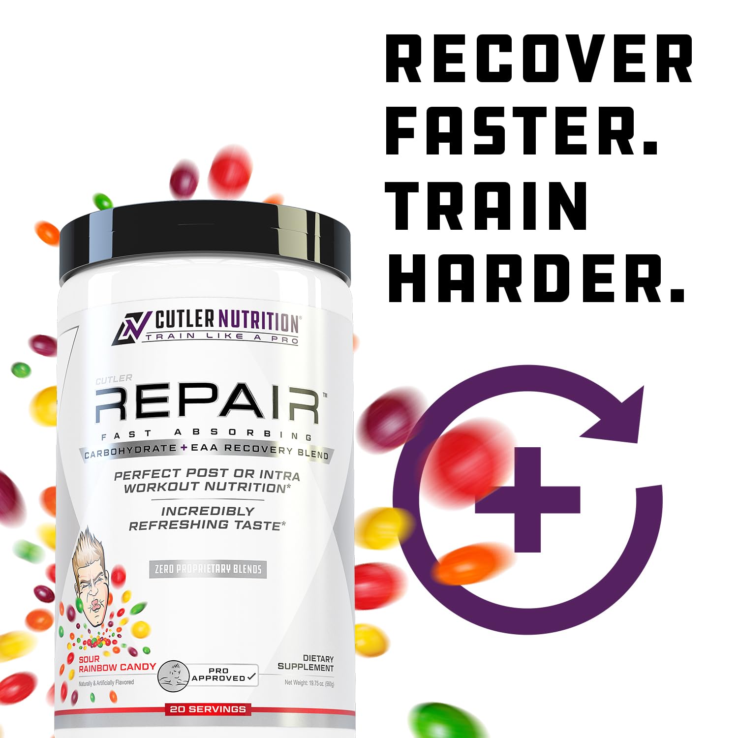 Repair Post Workout Recovery Drink: Fast Absorbing Carbohydrates (Waxy Maize + Cluster Dextrin) and BCAA/EAA for Advanced Muscle Recovery, Sour Rainbow Candy, 20 Servings