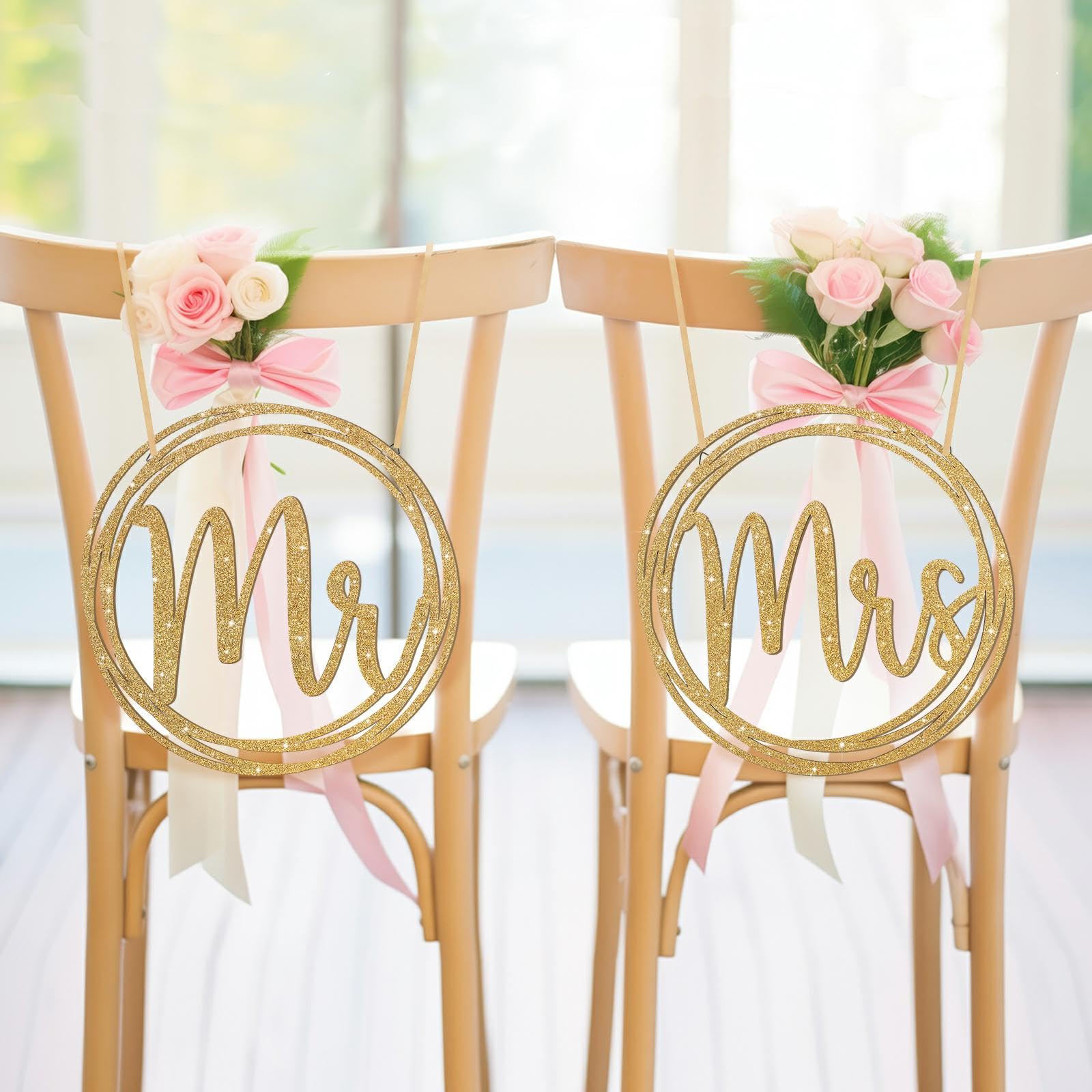 Photo 1 of Yousoontic 2 Pcs Wood Mr and Mrs Chair Signs Glitter Bride and Groom Table Decorations Chair Back Hanging Pendant with Ribbon Mr and Mrs Sign for Wedding Table Ideal for Wedding Engagement(Gold)