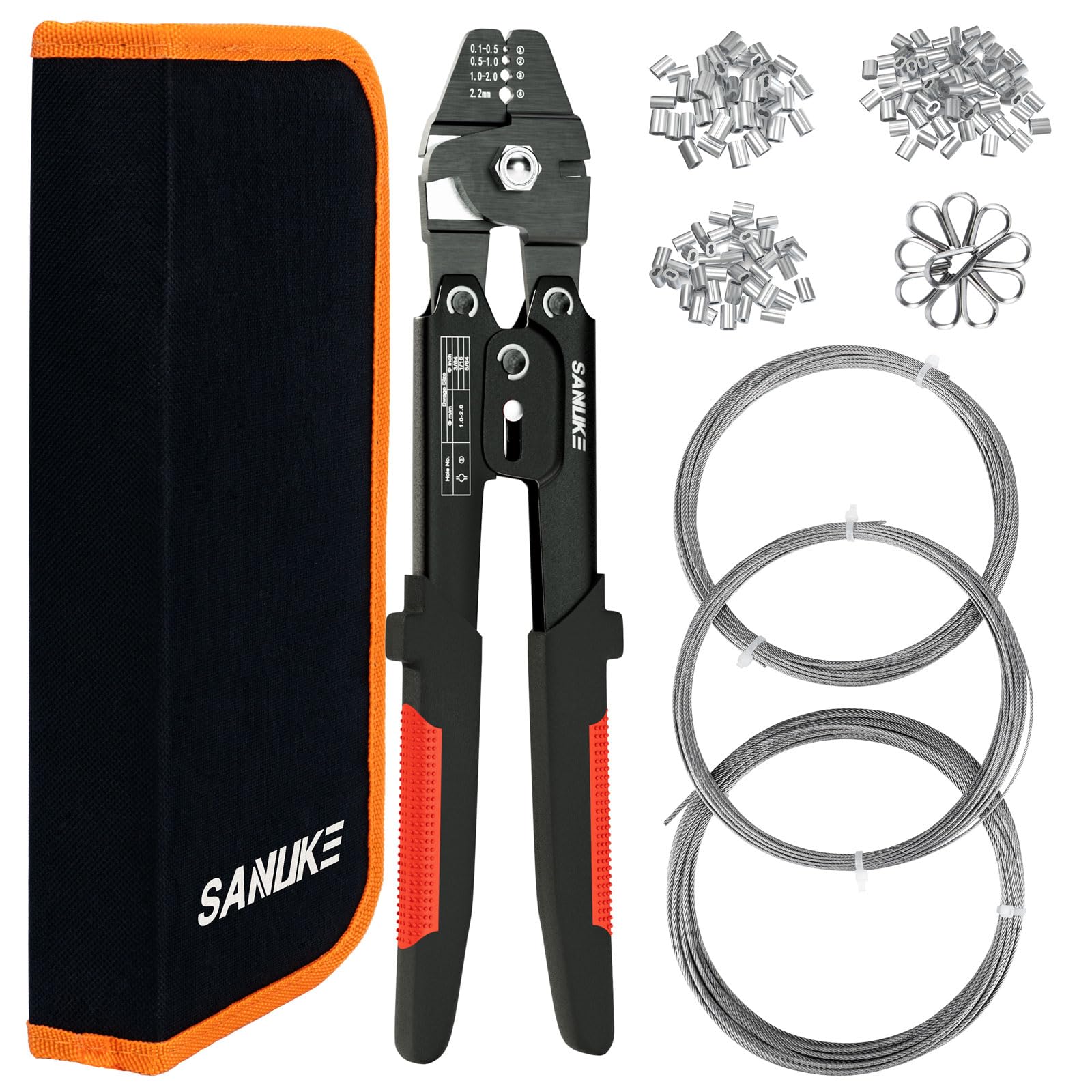 Photo 1 of Wire Rope Crimping Tool for 3/64 5/64 1/16 Wire Rope with 3 Sizes Stainless Steel Cable, 150pcs Crimping Loop Sleeves, 10pcs Thimbles and A Portable Bag