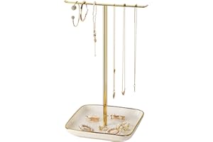 pickpiff Necklace Holder Stand with Ceramic Base: 12" Jewelry Tree Display Organizer for Necklaces, Bracelets, Rings, Earrings, Tall Gold Stand for Women, Aesthetic Room Décor, Gold and White