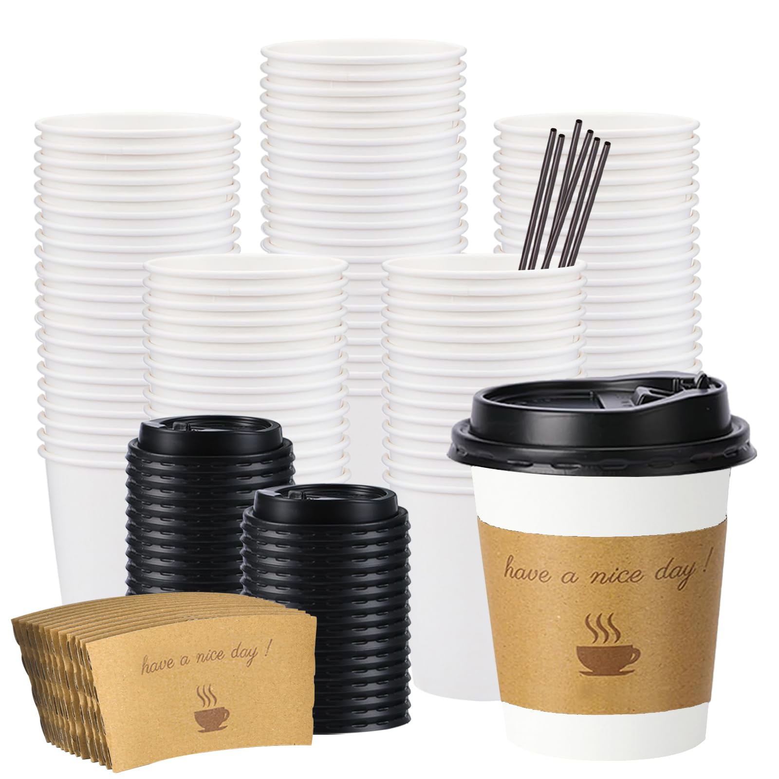 BYSNOW 100 pack 10 oz Disposable Coffee Cups with Lids,To Go Coffee Cups for Home, Office, Cafes and Party (White 10oz) Image