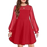 Arshiner Girl's Contrast Mesh Puff Long Sleeve High Waist A Line Short Dress with Pockets for 6-13 Years