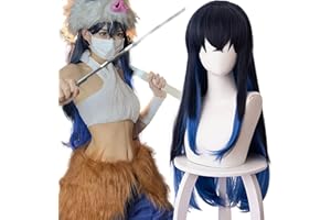 MAYSUWELL Anime Cosplay Wig Inosuke Female Wig Demon Slayer Cosplay Costume with Long Black Blue Straight Hair for Women Halloween, Christmas, Cosplay Party + Wig cap