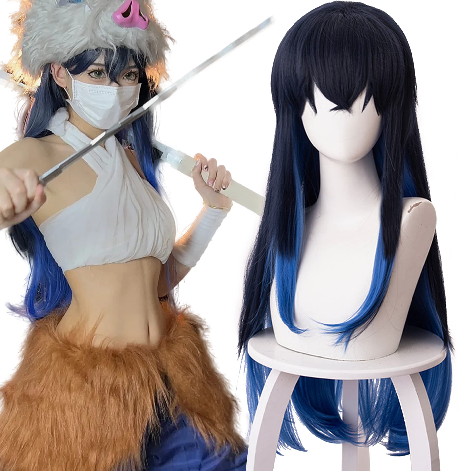 Black Blue Layered Long Straight Female Cosplay Wig for Women Halloween Conventions Cos Anime Party Heat Resistant Synthetic Fabric Costume Hairs — image 1
