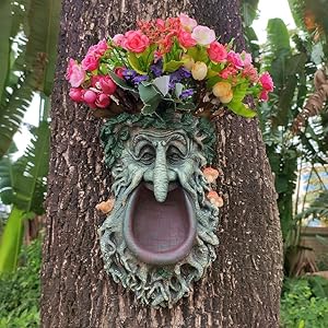JHP Big Mouth Old Man Tree Face Sculpture, Flower Planter Pot Hand-Painted Greenman Tree Peeker Bird Feeder Garden Decor and Yard Art. -10'' H