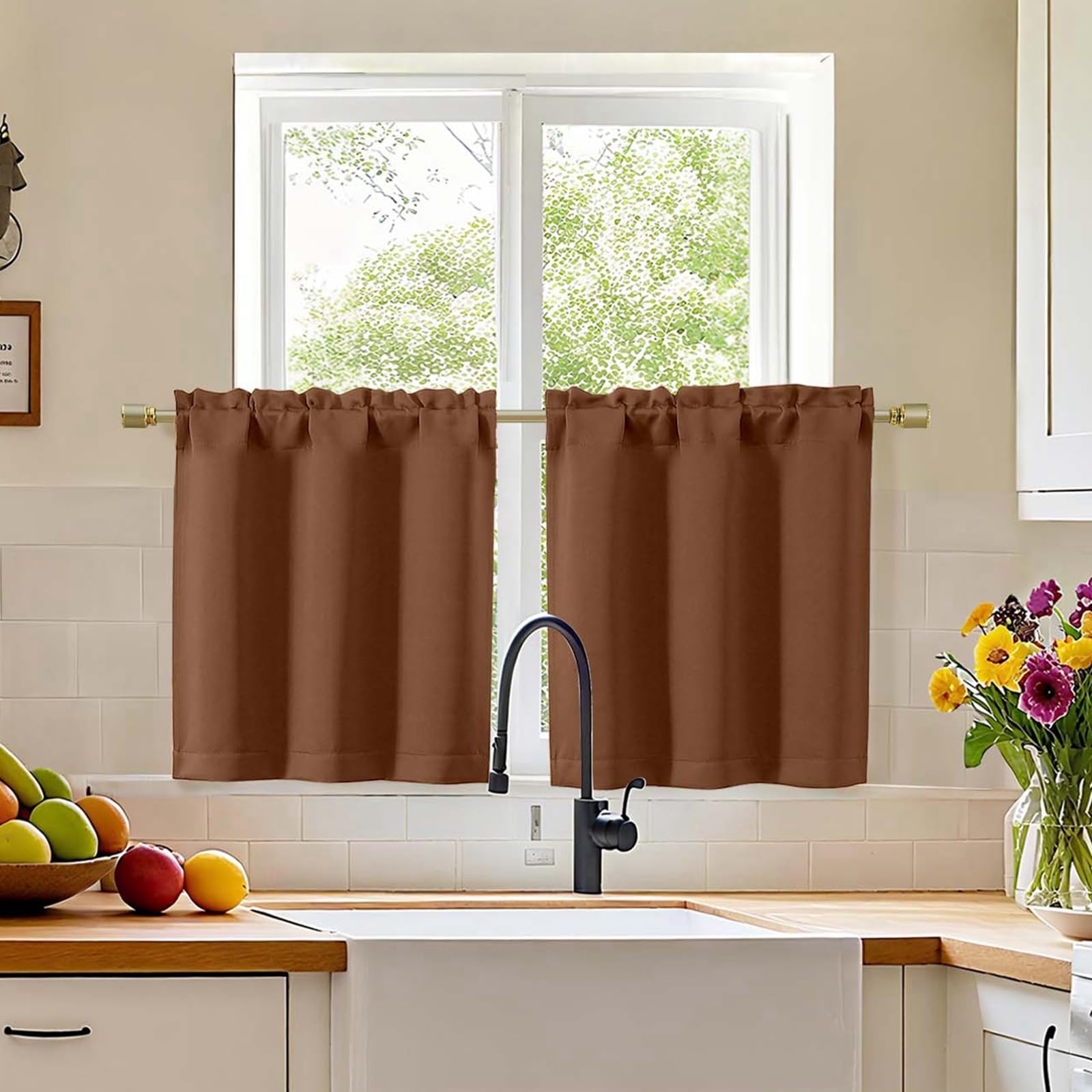 Photo 1 of Simplebrand Sun Baked Small Cafe Curtains Tier 24 Inch Length 2 Panels Set, Modern Solid Blackout Small Window Cafe Curtains for Bathroom, Basement, Cabinet, Camper,Sun Baked, Each 30" Wx24 L Inches