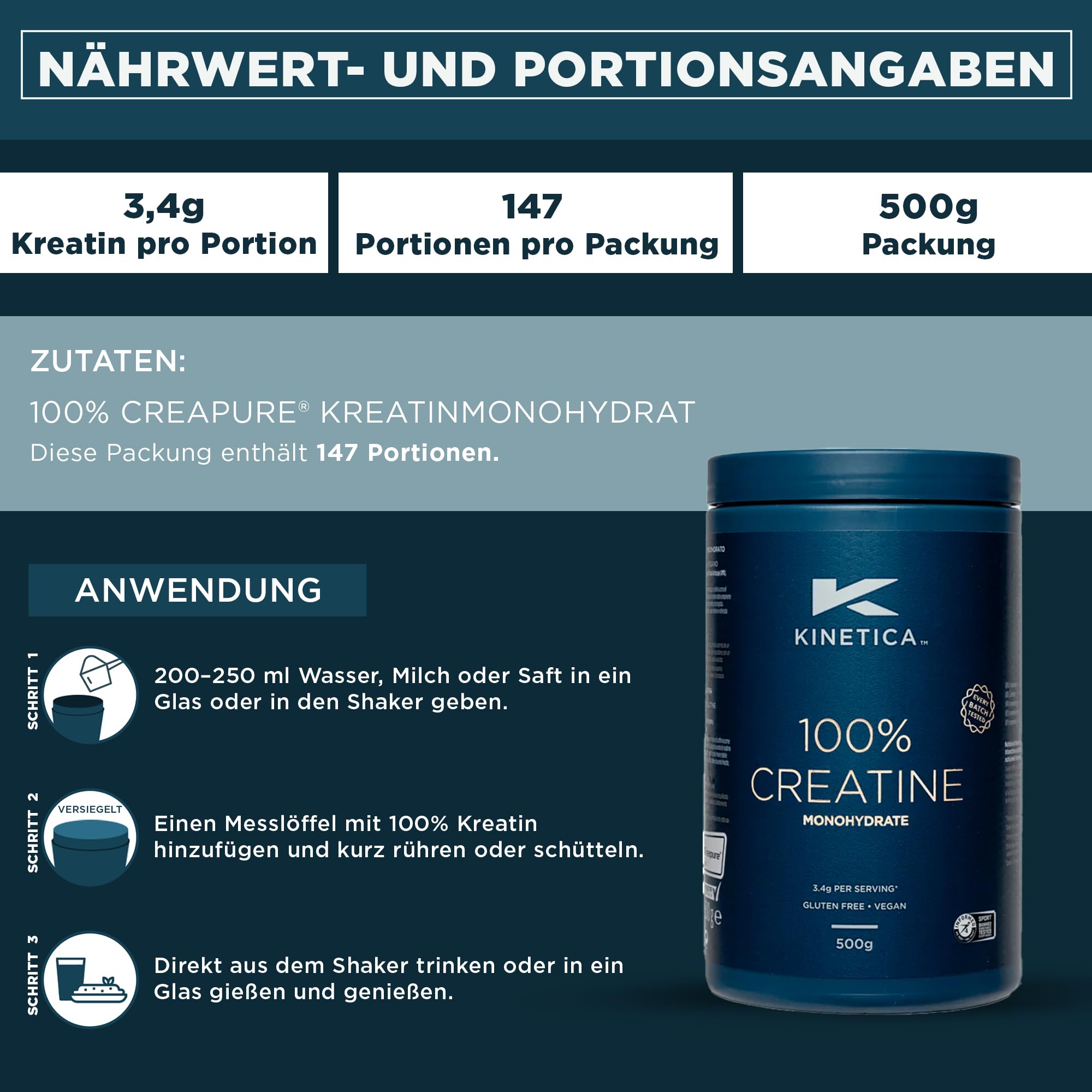 Kinetica Sports Creapure® 100% Kreatin Monohydrat Pulver - Geschmacksneutral | 3.4g Kreatin/Portion, 147 Portionen/500g Packung | Vegan & Glutenfrei | Unterstützt Leistungsfähigkeit & Muskelkraft 7