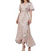 Olaesa Women's Bohemian Floral Wrap Maxi Dress 2025 Summer Split Short Sleeve Boho Belted Flowy Dresses with Pockets