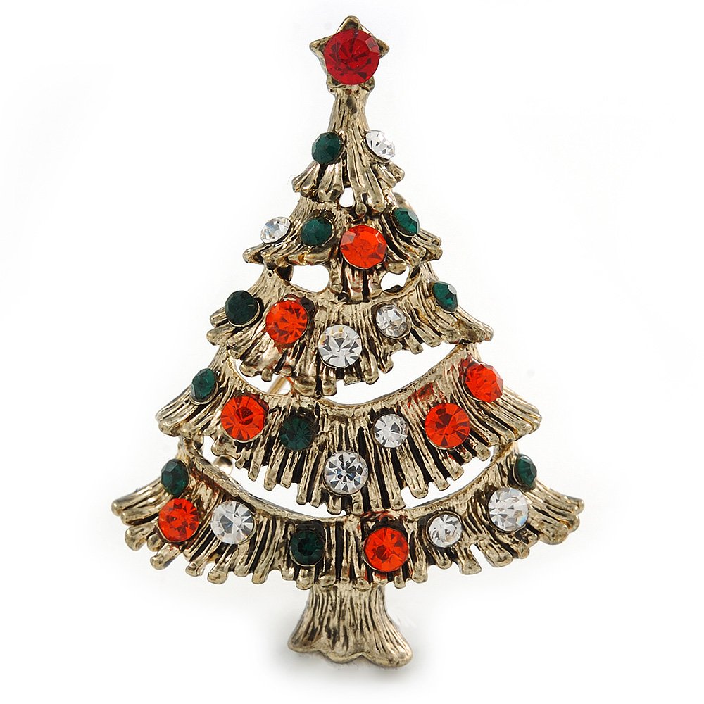 Vintage Inspired Red/Green/Clear Crystal Christmas Tree Brooch In Antique Gold Tone Metal - 43mm L