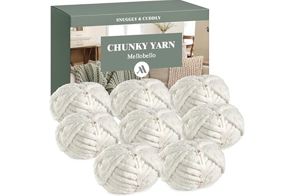 Mellobello Jumbo Chunky Yarn for Hand Knitting - Super Thick Chenille Chunky Yarn for Crocheting - Extra Soft Bulky Fluffy Blanket Big Yarn 8 Jumbo Pack (27yds,8 oz Each Skein) Cream White