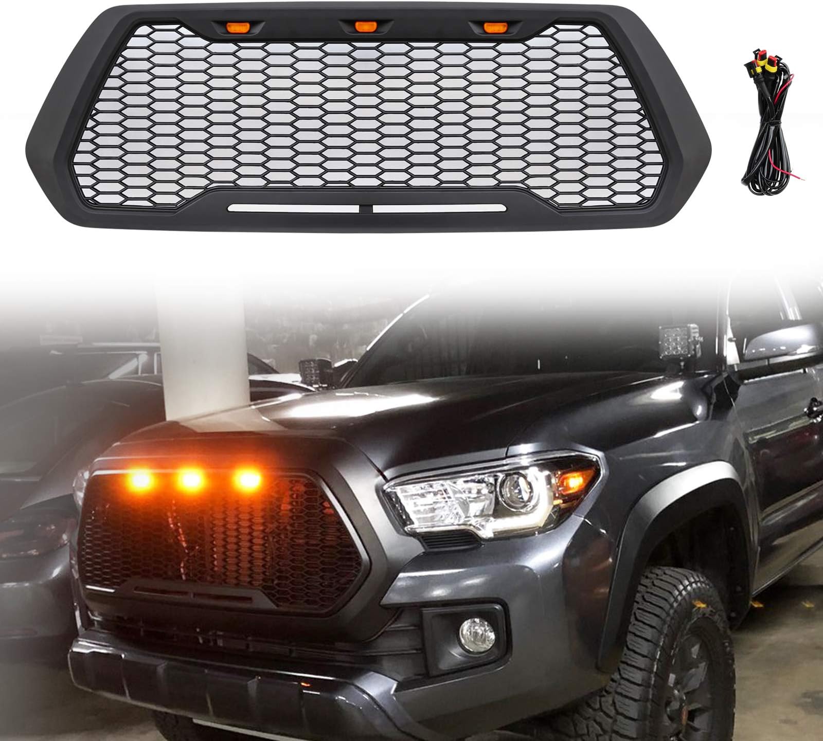 Haitzu Grill for Toyota Tacoma 2016 2017 2018 2019 2020 TRD Pro, SR5, TRD Off-Road, TRD Sport, SR and Limited with 3 Amber LED Lights Front Grille Matte Black without Sensor Spot