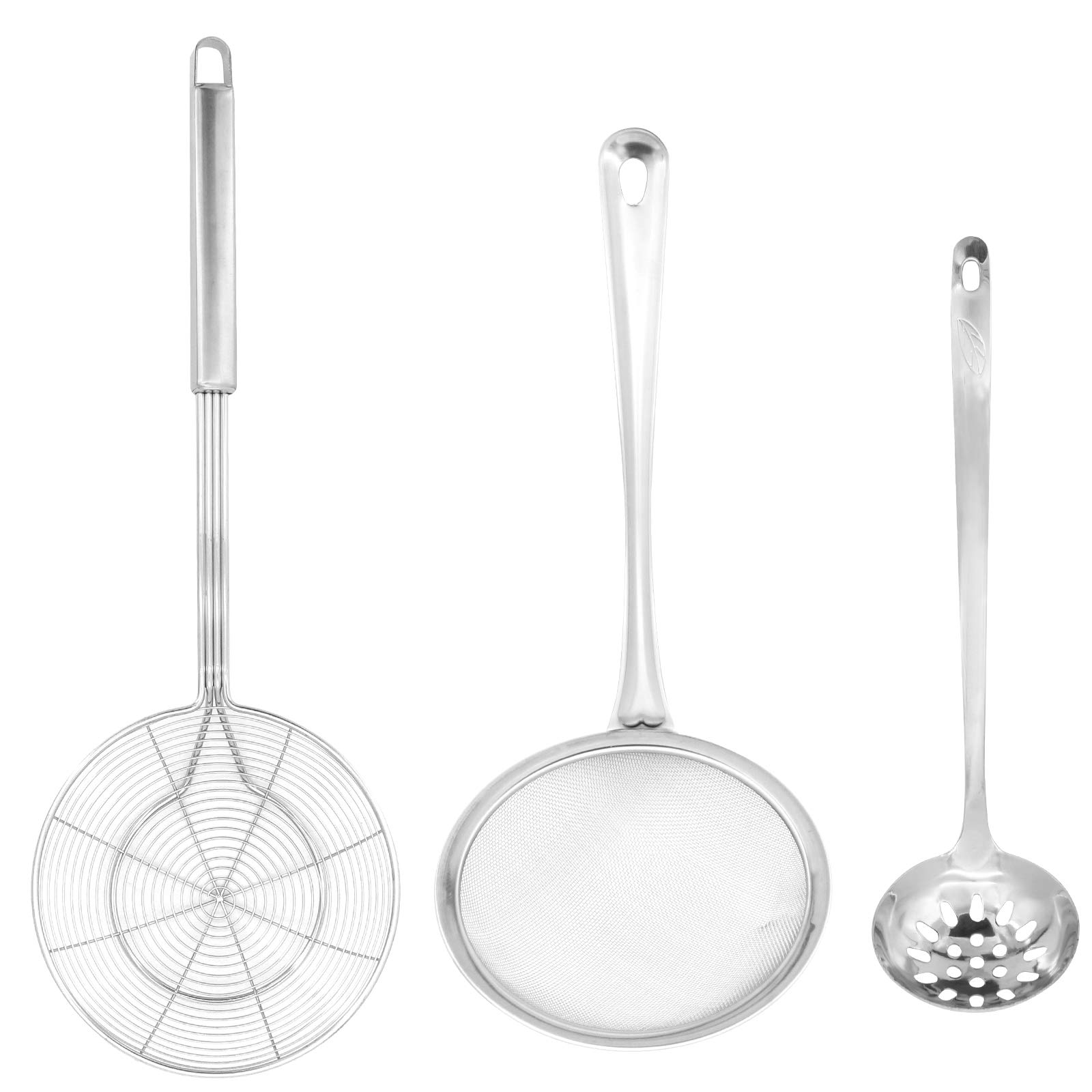 Strainer Skimmer, 304 Stainless Steel Skimmer Set, Colander Spoon Ladle Slotted Spoon for Kitchen Frying Food Noodles Pasta Spaghetti Chips