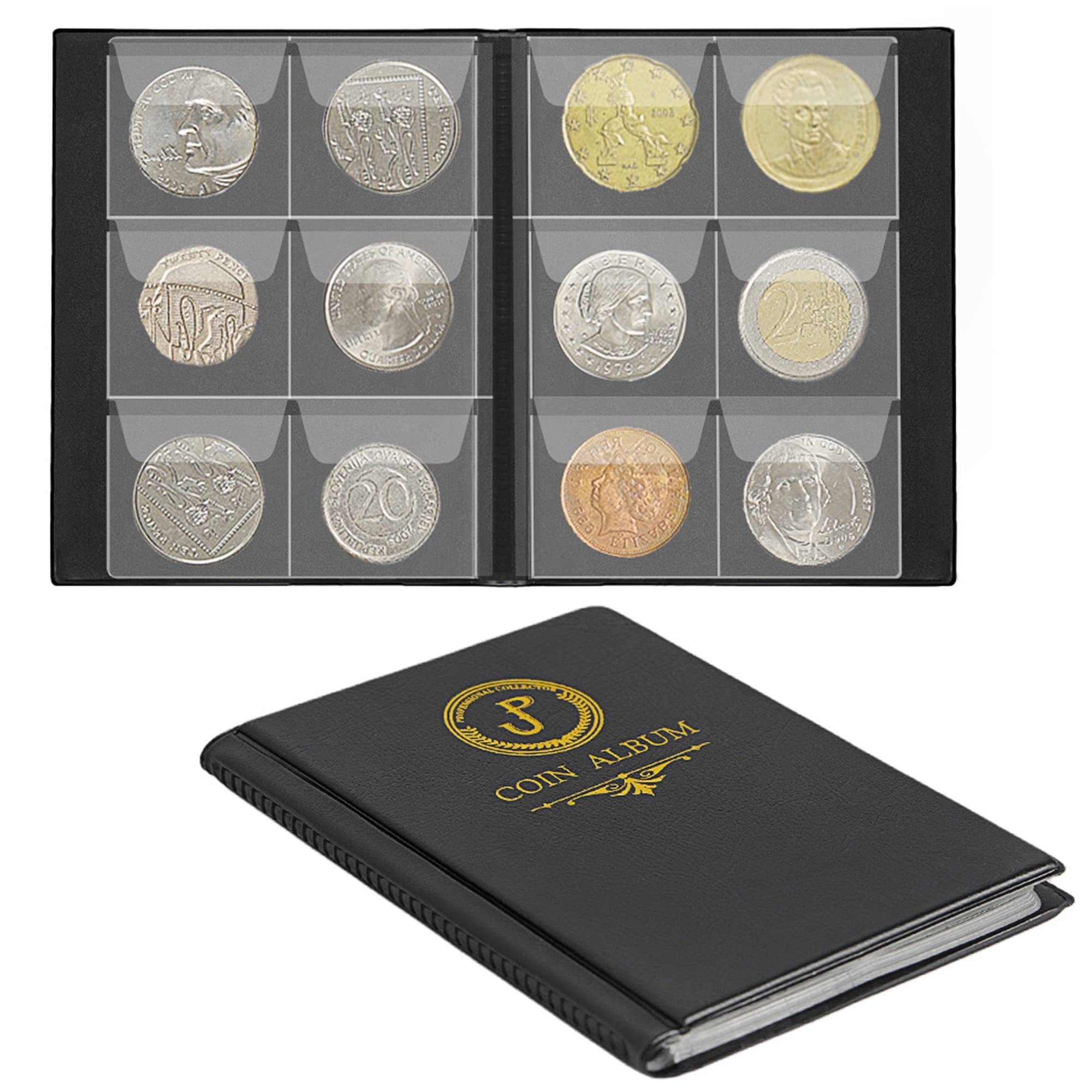 Uncle Paul 60 Pockets Coin Collection Album - Fits Coins Under 40mm, 45x45mm/1.8x1.8 Inch Pocket Coin Holder Collecting Storage Book for Penny Euros