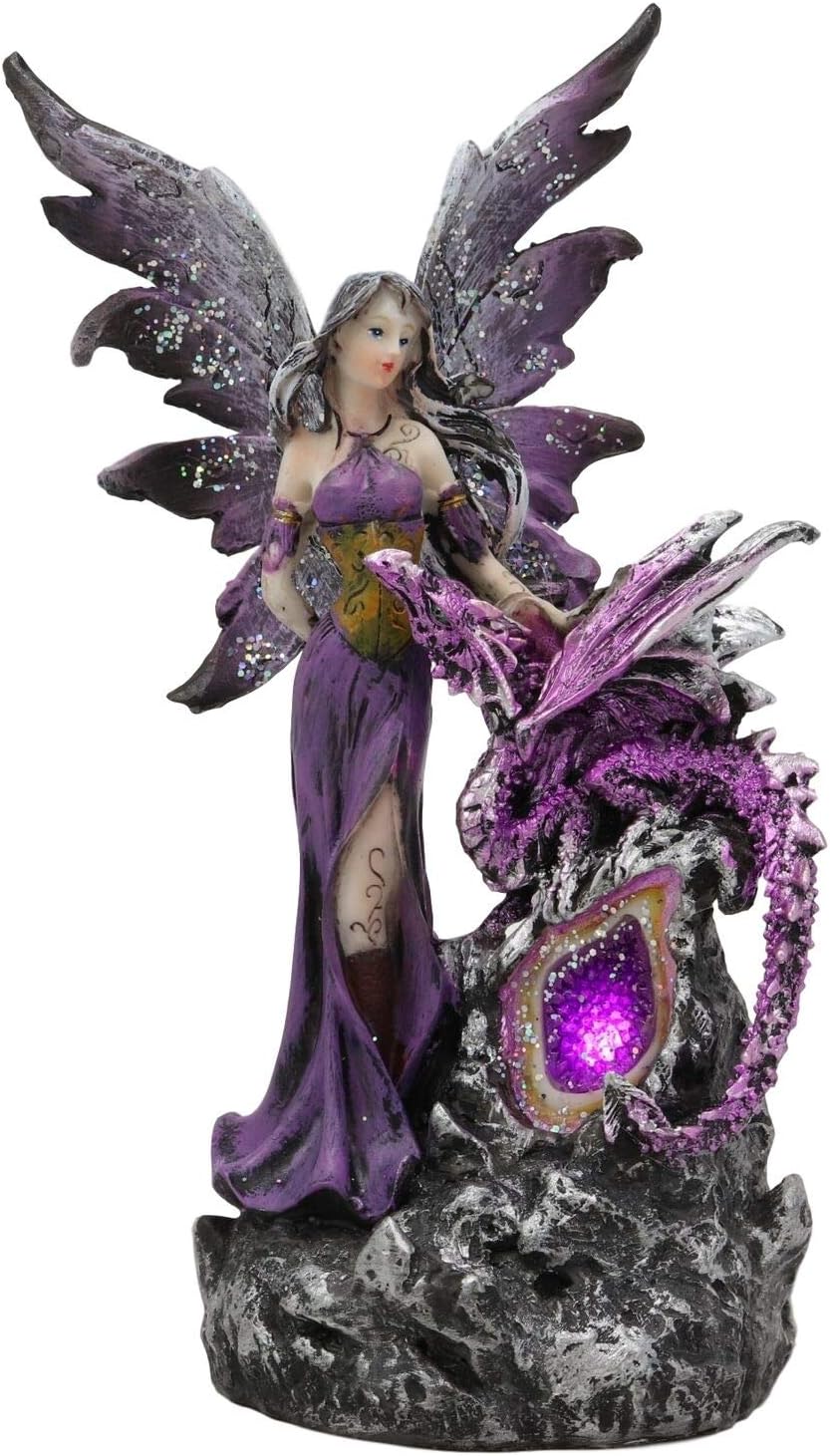ShopForAllYou Figurines and Statues Purple Fairy with Dragon Sitting On LED Crystal Geode Night Light Statue Decor