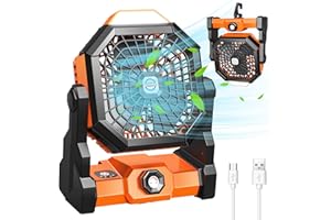 Camping Fan, Camping Fan Rechargeable with LED Lantern & Hanging Hook, Battery Operated Camping Fan for Tent, 270° Rotation, 