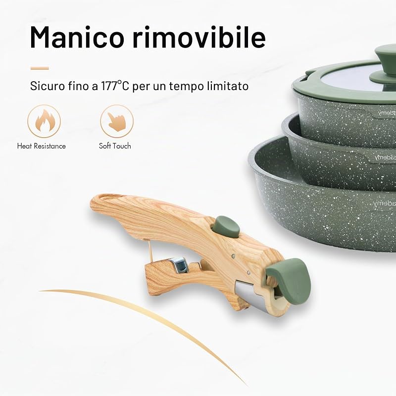 Set di Pentole da 10 Pezzi, con Manico Rimovibile, Verde