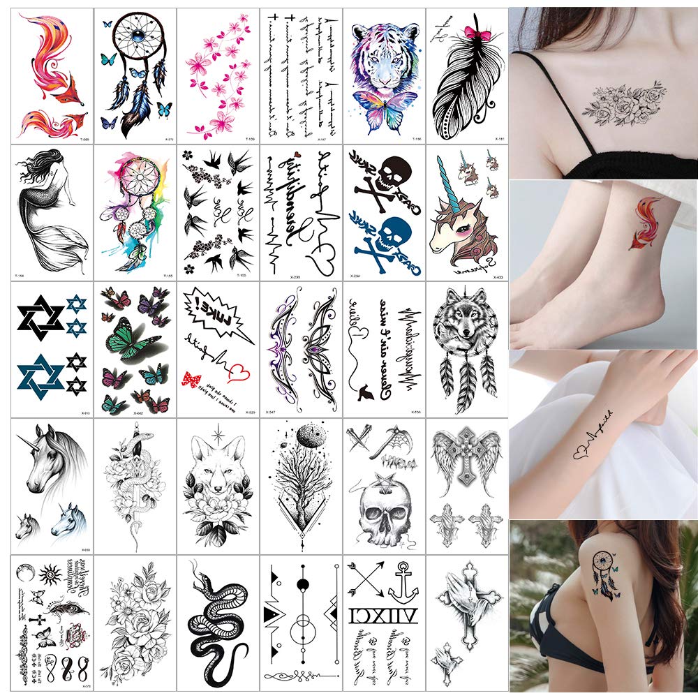 Temporary Tattoos for Women Cute Tiny Tattoo Stickers Cross Skull Words Butterfly Totems Waterproofing Temp Tattoos 30 Sheets (color 1)
