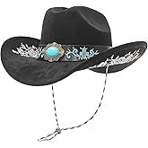 GEMVIE Turquoise Western Cowboy Hat for Men Women Big Brim Suede Cowgirl Hat Brown Embroidery with Chin Strap