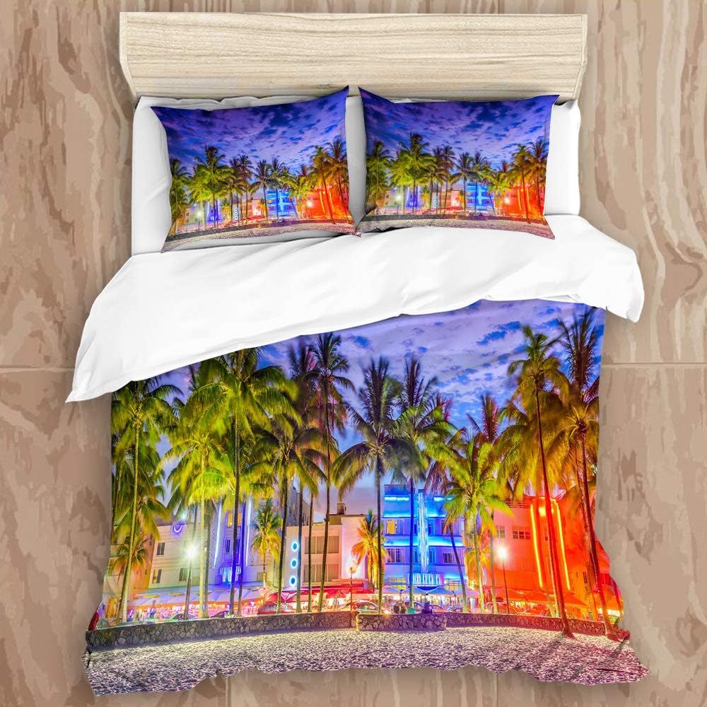 NINEHASA Duvet Cover Set,Miami Beach Florida USA on Ocean Drive at Sunset,New Microfiber 3 Piece Bedding Set with 2 Pillow Shams,Twin