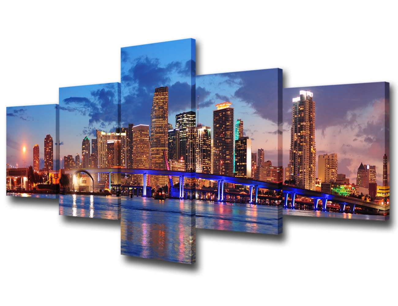 5 Panels Wall Art Canvas Print Miami Beach Skyline Night Cityscape Miami City Canvas Print Miami Night Art Canvas Print Unsleep City Ny City Picture for Living Room Ready to Hang - 50"W x 24"H