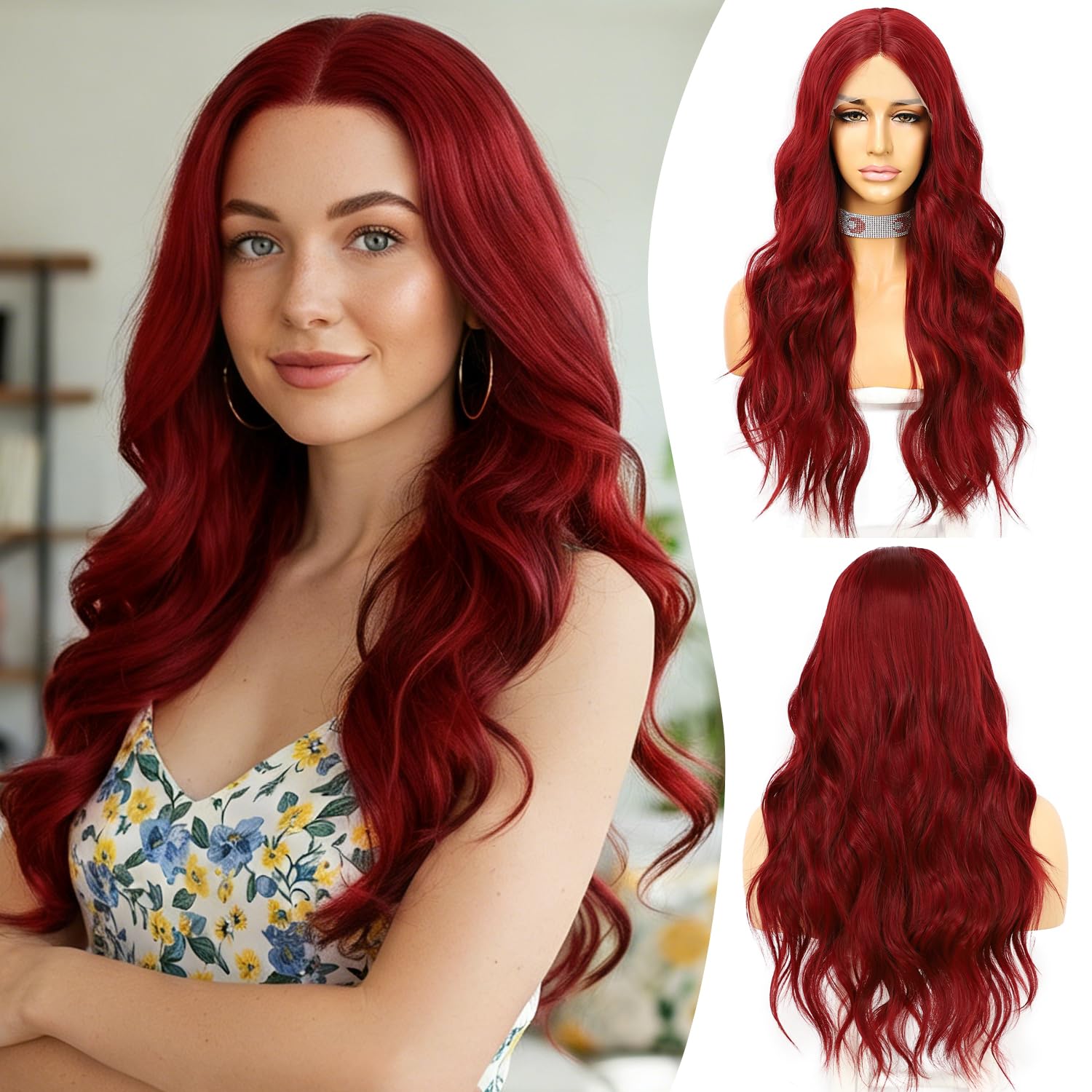 Sapphirewigs Red Lace Front Wigs for Women Long Wavy Synthetic Wig Christmas Halloween Natural Looking Heat Resistant 26 inch