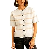 Lianlive Striped Cardigan Sweater for Women Casual Crewneck Short Sleeve Knit Tops Button-Down Fall Knitwear Cardigans