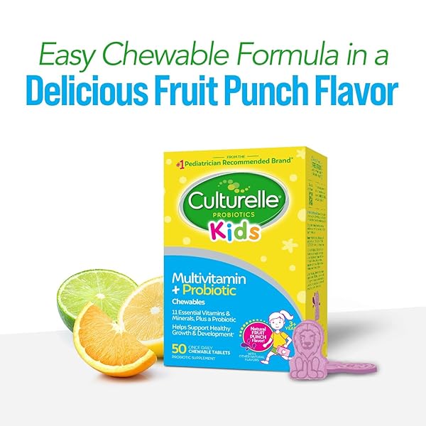 CULTURELLE KIDS COMPLETE CHEWABLE MULTIVITAMIN + PROBIOTIC FOR KIDS, AGES 3+, 50 COUNT, DIGESTIVE HEALTH, ORAL HEALTH & IMMUNE SUPPORT – WITH 11 VITAMINS & MINERALS, INCLUDING VITAMIN C, D3 & ZINC
